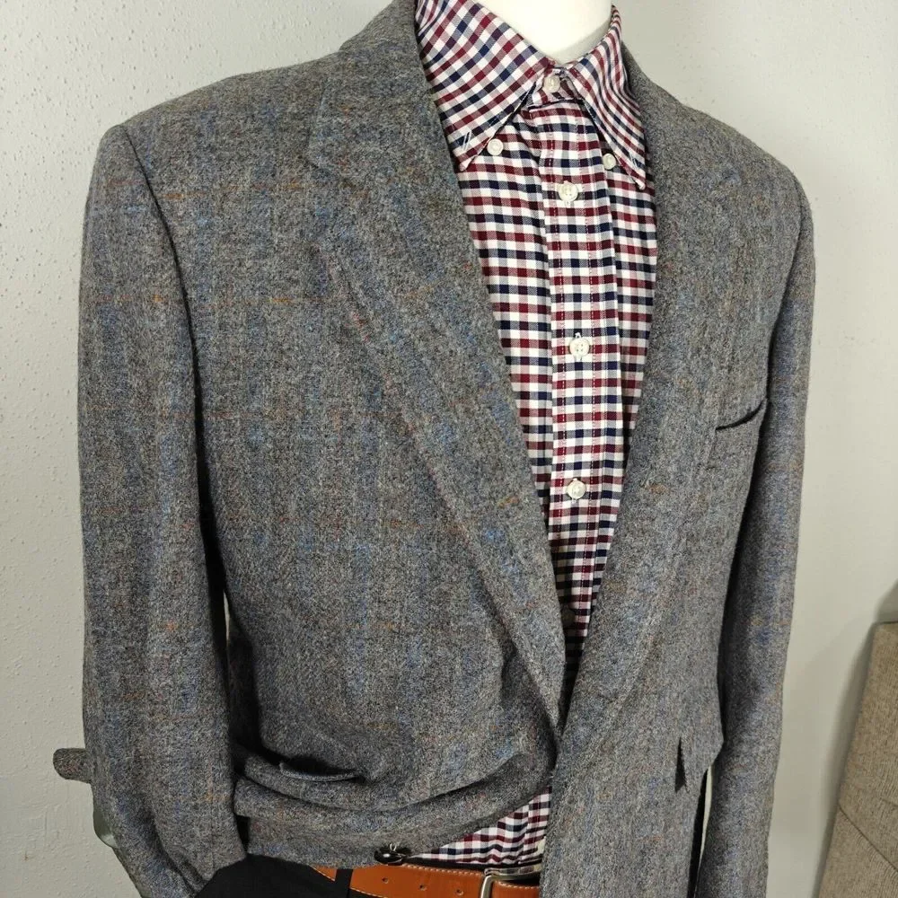 Vtg Hardwick‎ Men's Tweed Sport Coat Blazer Two Button Blue Plaid Wool about 45R